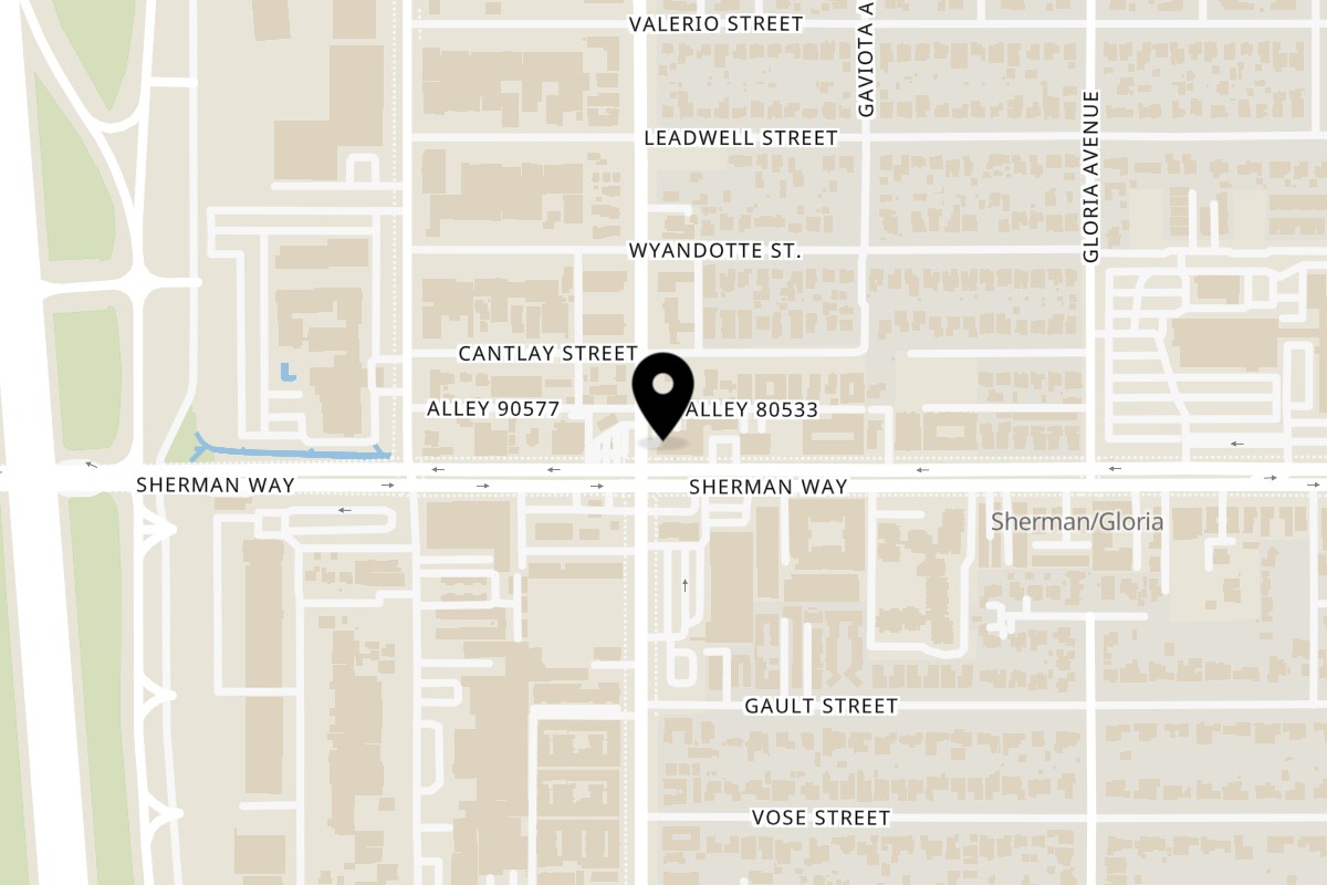 Map showing the location of Beeps Fast Food on 16063 Sherman Way in Van Nuys